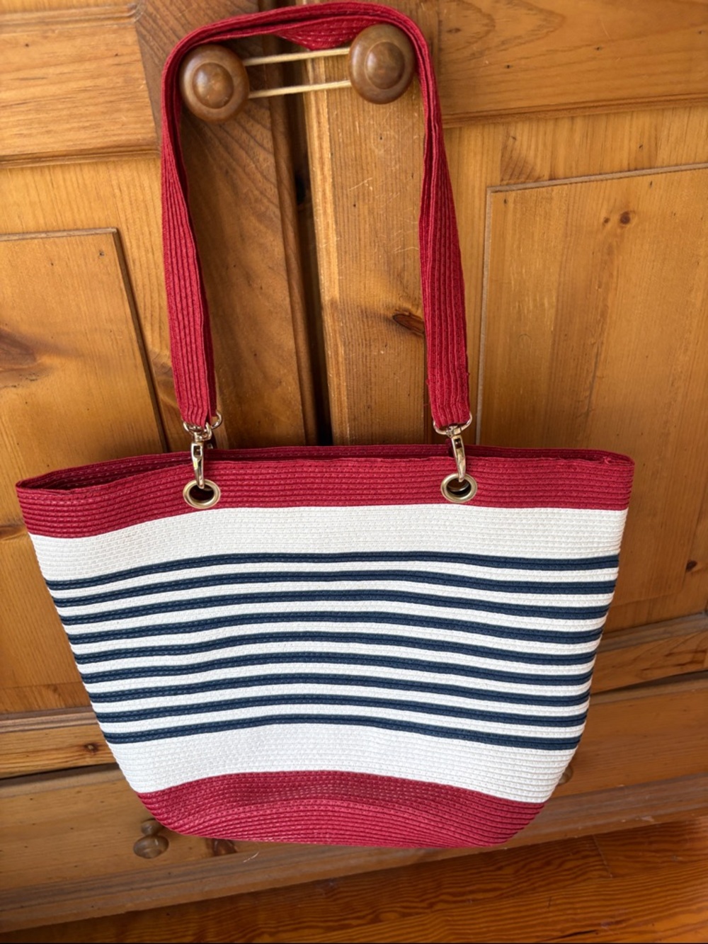 Striped Red & Navy Casual Women's Tote Bag - Picture 2 of 7